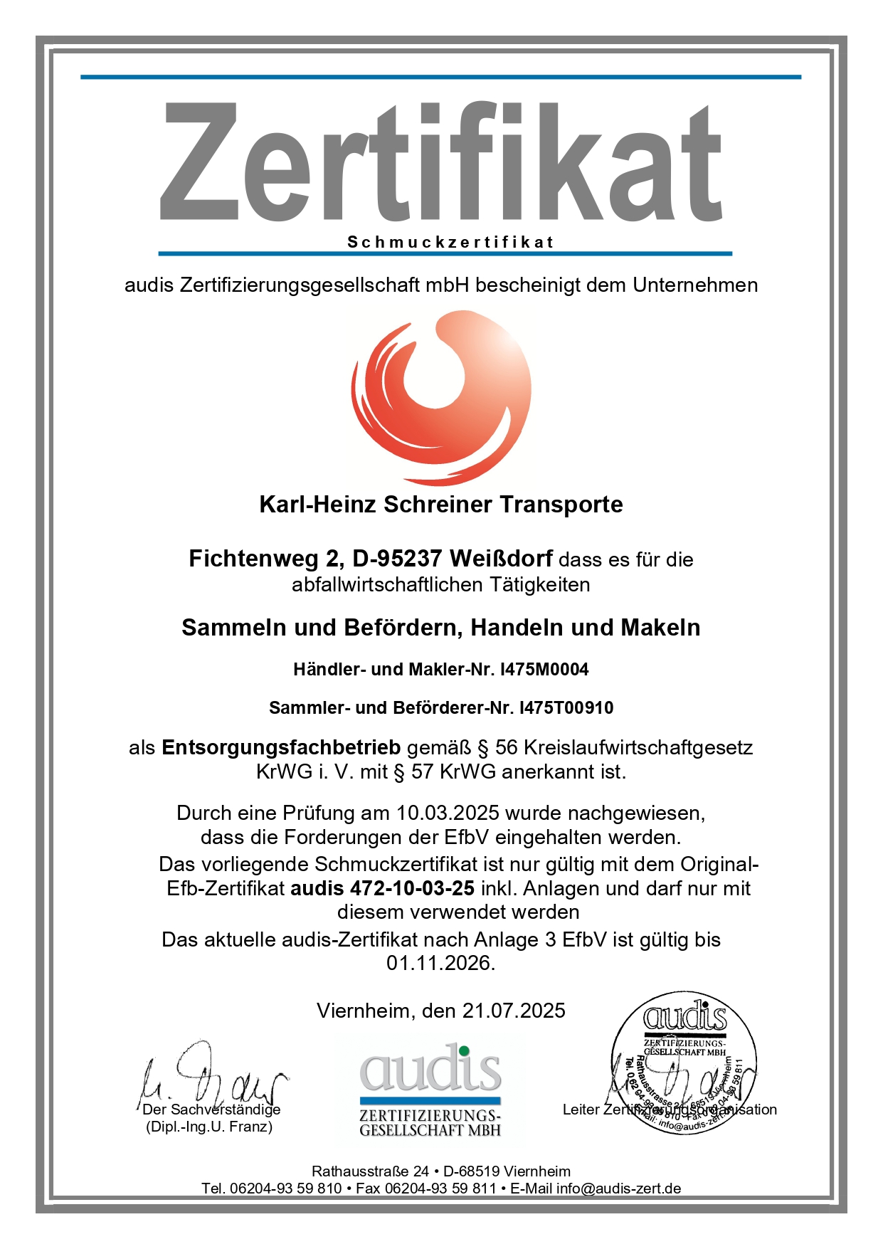 audis Schmuckzertifikat Abfallentsorgung Schreiner Transporte